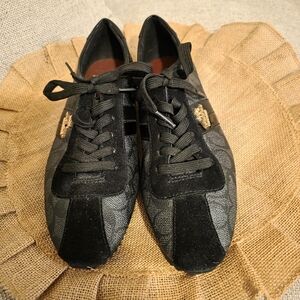 Coach Signature Ivy Leather Sneakers in black monogram pattern with suede toe